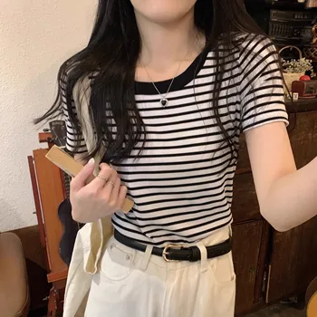 Летняя Новая женская Корейская Приталенная Темпераментная короткая полосатая трикотажная футболка с коротким рукавом