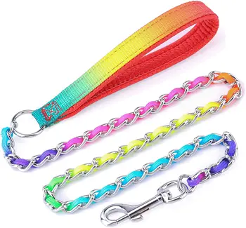 Металлический поводок для собак Rainbow, прочный, не грызется, цепочка для поводка для домашних животных с мягкой ручкой для тренировок на открытом воздухе