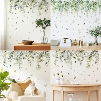 Наклейки с зелеными листьями растений для гостиной, декоративные наклейки для дома, самоклеящиеся наклейки для стен
