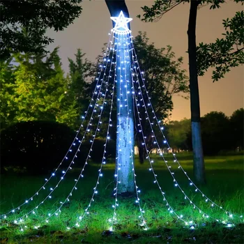 Наружное рождественское украшение 9X3,5 м, звездная гирлянда, 350 светодиодов, водопад, елочная гирлянда, Рождественская звезда, сосульки для декора сада