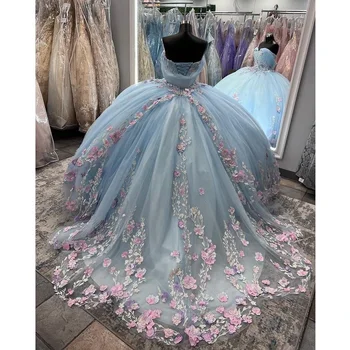 Небесно-Голубые Пышные Платья Принцессы Розовые 3D Цветы Ручной Работы С Цветочными Аппликациями Кружевное Бальное Платье Vestidos De XV Anos