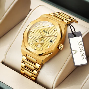 Новые SKROX Luxury Gold Octagon Люминесцентные Автоматические Механические Часы С Водонепроницаемой Рамкой Даты И Ремешком Из Нержавеющей Стали Для Мужчин