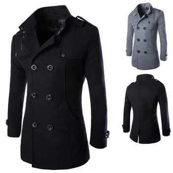 Осенне-зимнее мужское однотонное пальто большого размера для внешней торговли, модное двубортное пальто, ветровка