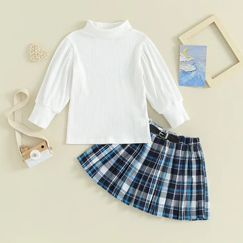 Осенняя одежда для девочек из 2 предметов, белые топы с длинными рукавами и высоким воротом, комплект плиссированных юбок в клетку