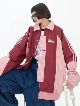 Пальто с лацканами контрастного цвета в полоску в стиле пэчворк для женщин 2023, осенние новые свободные куртки bf ruffian beautiful