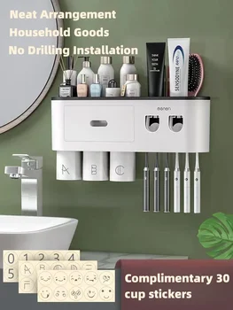 Перевернутый держатель зубной щетки с магнитной адсорбцией, Двойной автоматический дозатор зубной пасты, Стеллаж для хранения аксессуаров для ванной комнаты