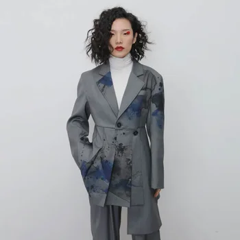 Пиджак С Плиссированным Подолом С Чернильной Печатью SuperAen, Модные Асимметричные Женские Блейзеры и Куртки