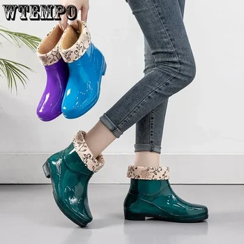 Плюшевые непромокаемые сапоги, съемная хлопковая женская короткая трубка, нескользящая водонепроницаемая резиновая обувь на мягкой подошве, простая повседневная осенне-зимняя обувь