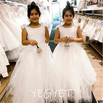Пышное тюлевое кружевное бальное платье для девочек в цветочек Платье Маленькой принцессы с открытой спиной Платье для девочек на свадьбу Платье для первого причастия
