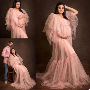 Розовое платье для беременных большого размера с рюшами для фотосессии, летняя пижама из плиссированного тюля, ночные рубашки для беременных, Женское белье, халат