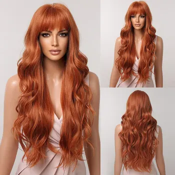 Рыжие вьющиеся синтетические парики для женщин Длинные натуральные волнистые оранжевые парики с плоской челкой Красочный праздничный термостойкий парик