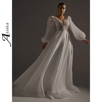 Свадебные платья трапециевидной формы с блестками, глубокий V-образный вырез, платья невесты с пайетками, Длинные пышные рукава, свадебные платья для женщин, платья Vestidos