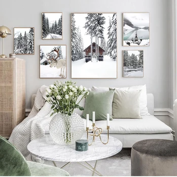 Северный олень, кедр, Зимний Снег, Лесной дом, настенное искусство, холст, живопись, плакаты на скандинавскую тему и принты, настенные панно для декора гостиной