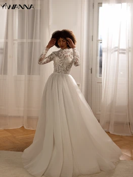 Скромное свадебное платье с высоким воротником и длинными рукавами, Блестящие бусины и жемчуг, Свадебное платье с элегантными аппликациями, платье невесты Vestidos De Novia