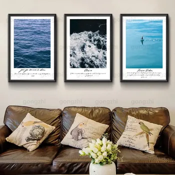 Современный Морской Пейзаж Холст Картина Темно-Синие Океанские Волны Английские Известные Изречения Гостиная Кафе Отель Настенный Декор Печать Hd Плакат