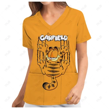 Топ для сиделки Garfield с V-образным вырезом, повседневные женские скрабы с коротким рукавом, униформа для медсестер, Рабочая медицинская униформа, принадлежности для медсестер