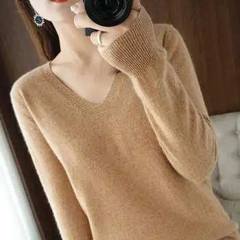 Удобный свитер, мягкие дышащие женские вязаные свитера, стильные пуловеры с V-образным вырезом для осенне-весеннего сезона, женский V-образный вырез.