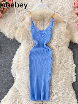 Цепочка BluePink 2023, сексуальное летнее платье на трикотажных бретелях, женский сарафан-футляр с высокой талией, женское пляжное платье Миди с открытой спиной