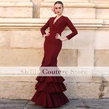 Элегантное темно-красное платье для выпускного вечера в стиле фламенко 2023 года с оборками, длинными рукавами, вечерними платьями в виде рыбьего хвоста, вечерними платьями Vestidos De Fiesta